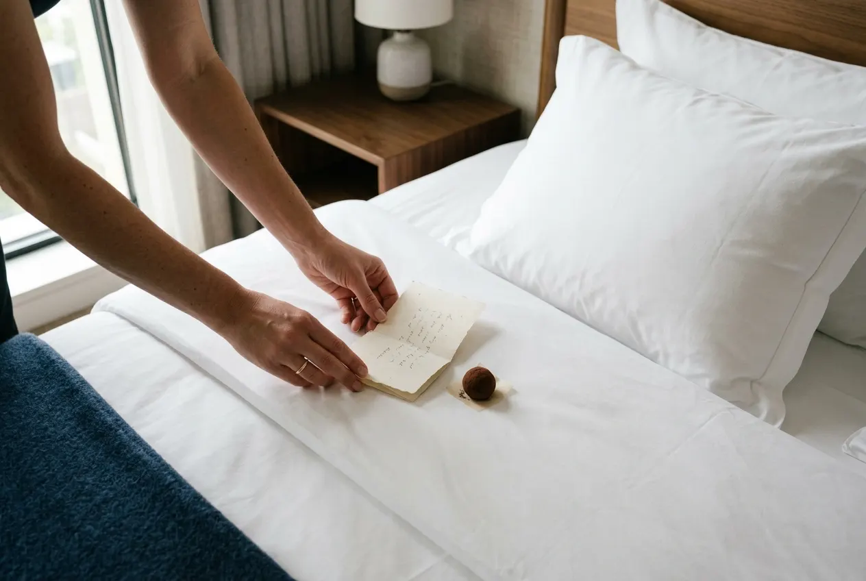 Hands placing a handwritten note and chocolate on a hotel bed.