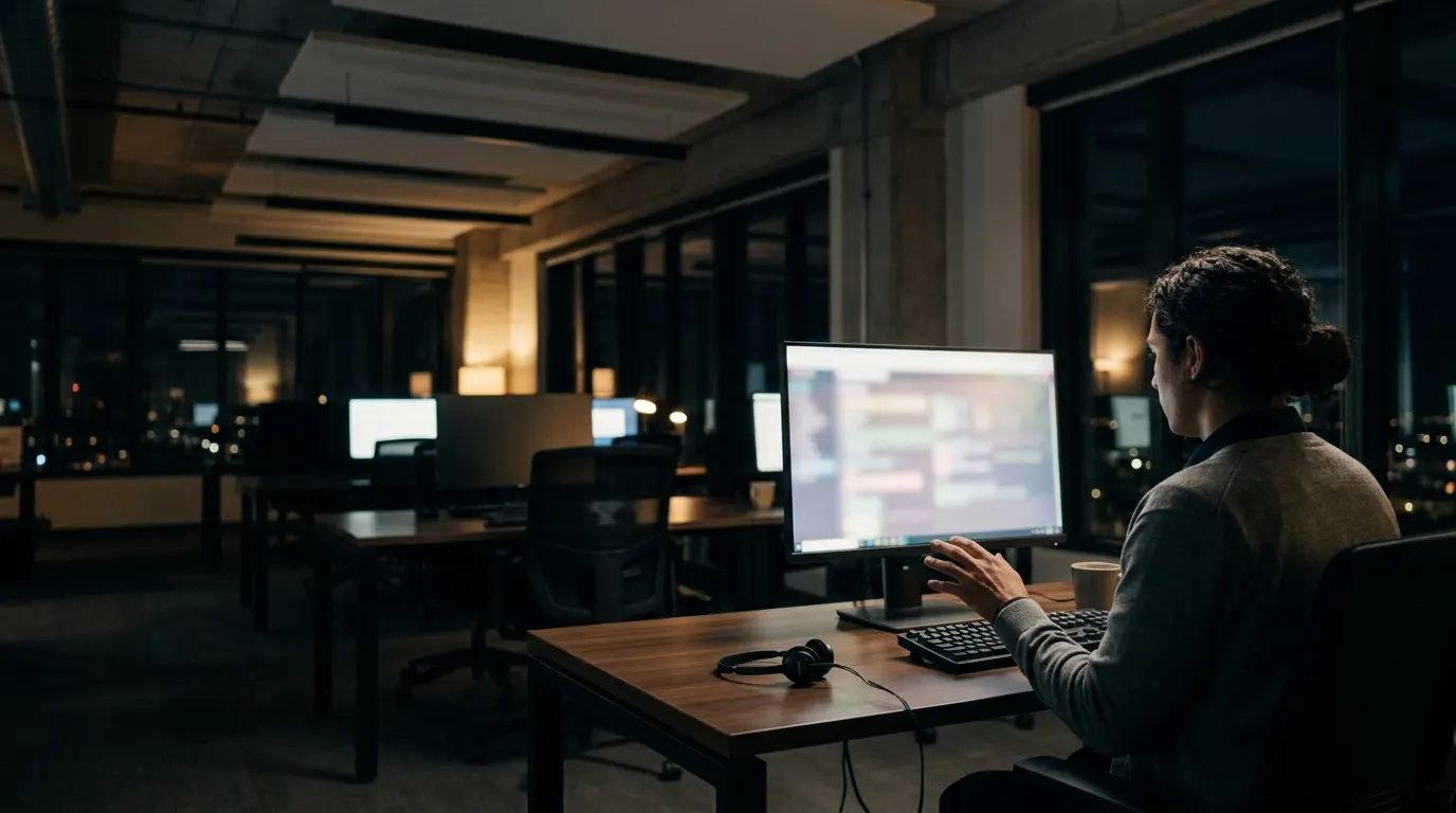 A call center agent seen from behind, hand hovering over a keyboard.
