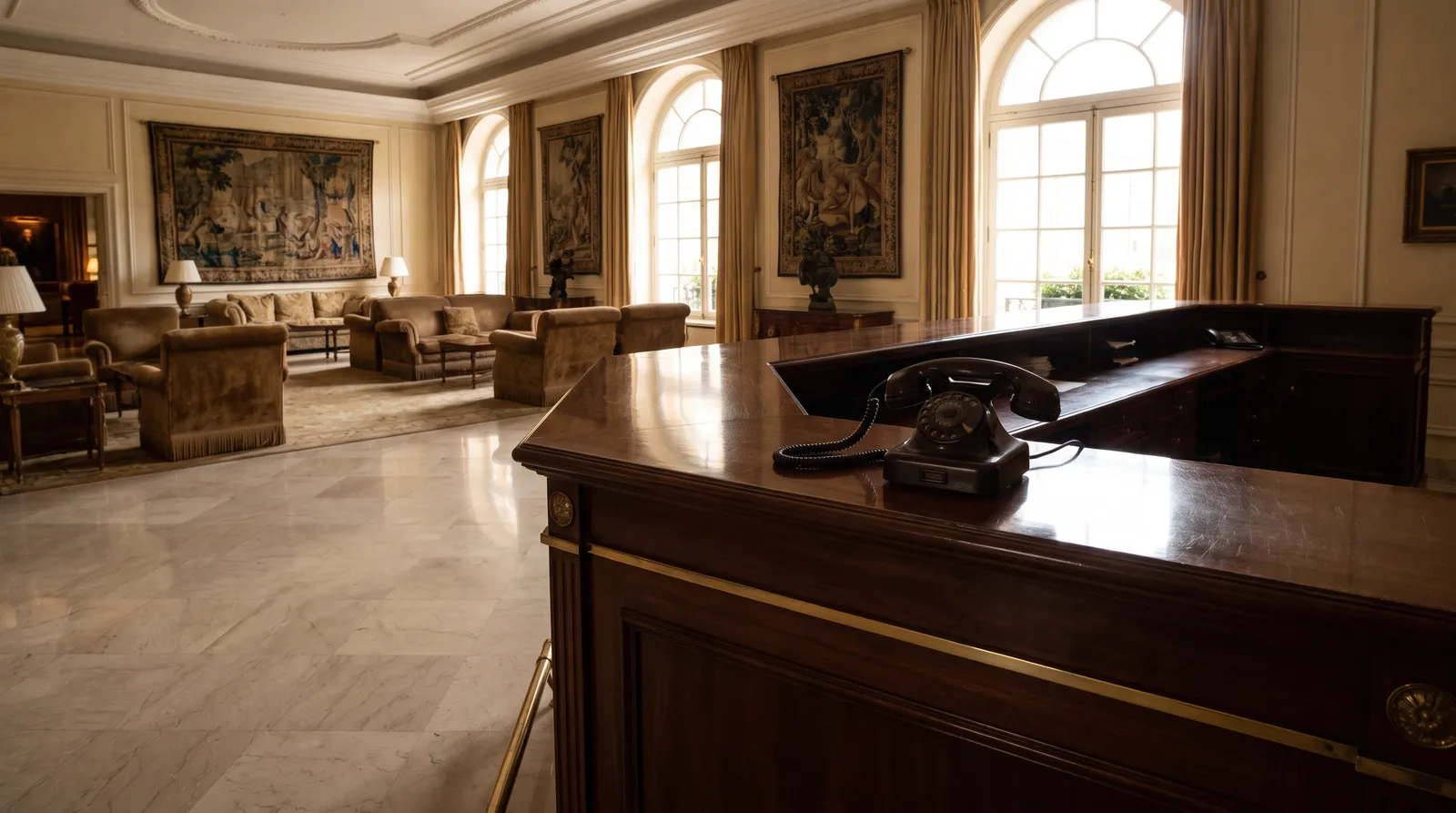An empty, opulent hotel lobby with a reception desk and an old rotary telephone.
