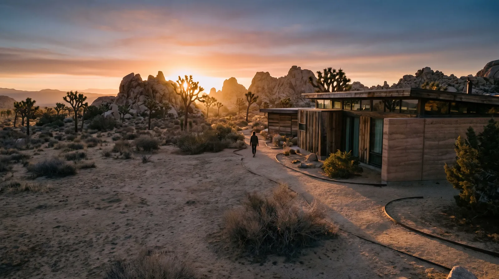 Desert landscape with rock formations and a modern, low-slung building at dawn.