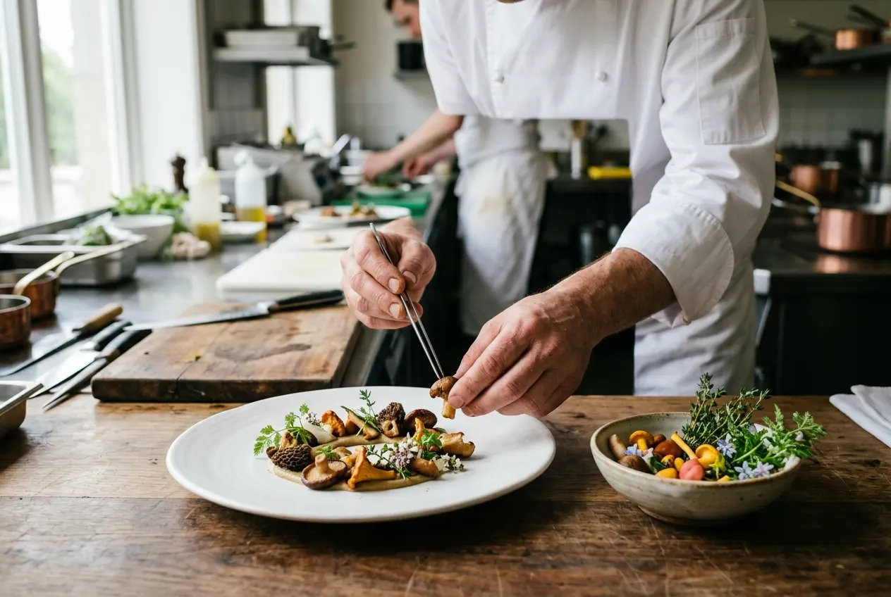 Chef's hands arranging foraged ingredients on a plate.