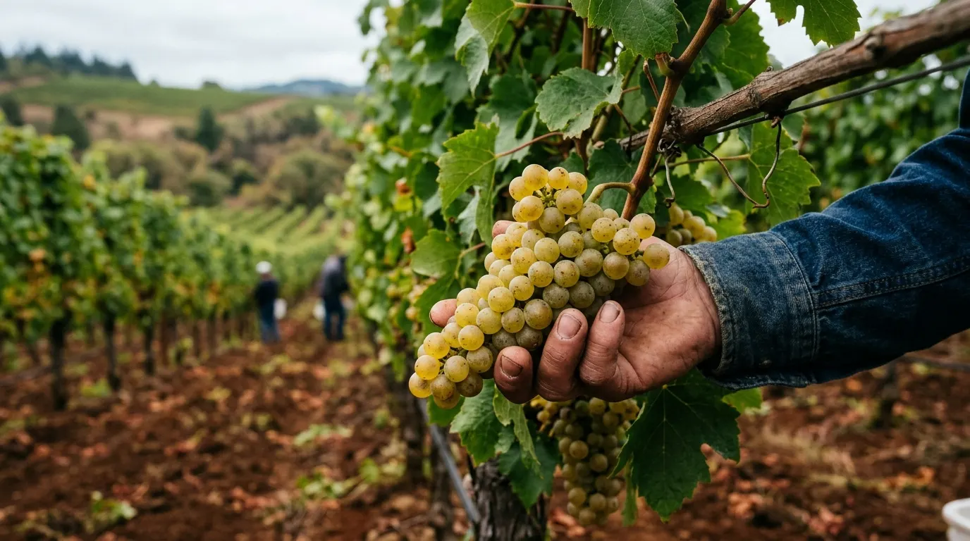 Hand holding Chardonnay grapes against volcanic soil.