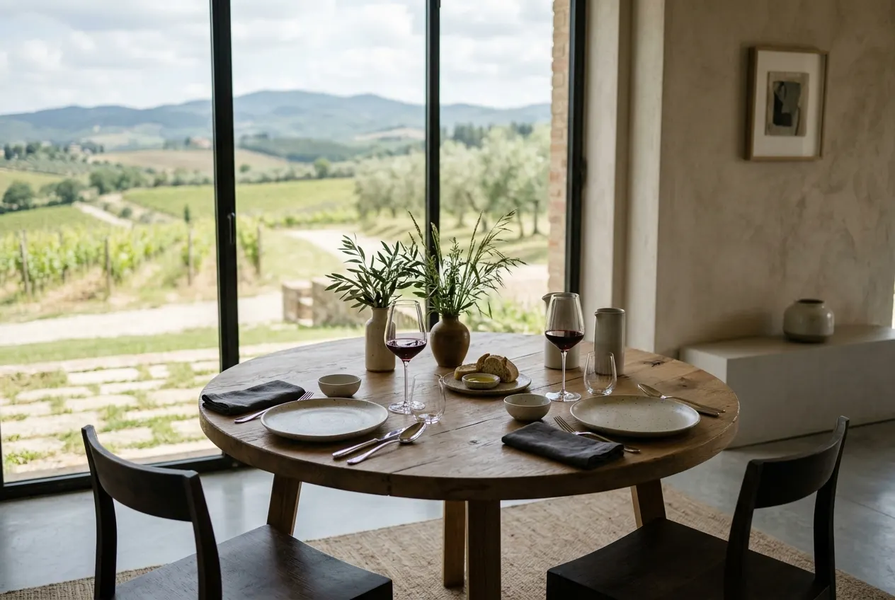 Elegant dining room with table for two overlooking vineyards.