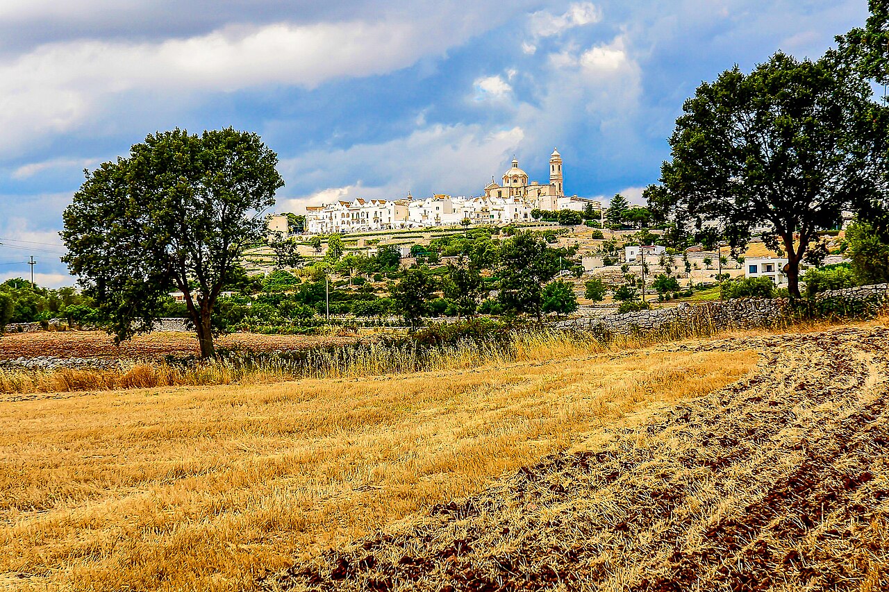 A distant white town with a prominent church on a hilltop, framed by green trees and golden fields under a partly cloudy sky.