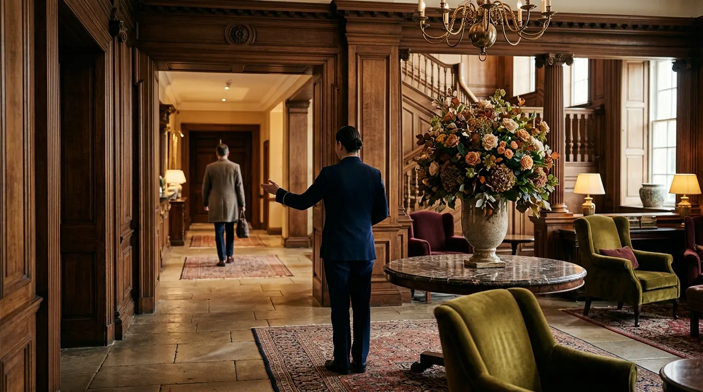 Classic luxury hotel lobby with a staff member guiding a guest.