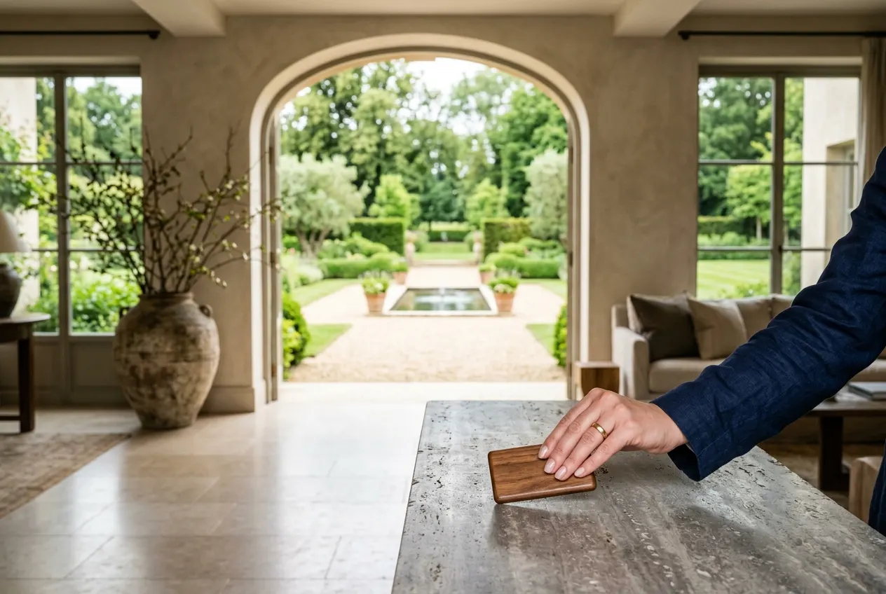 A hand places a wooden key card on a stone console in a sunlit foyer.