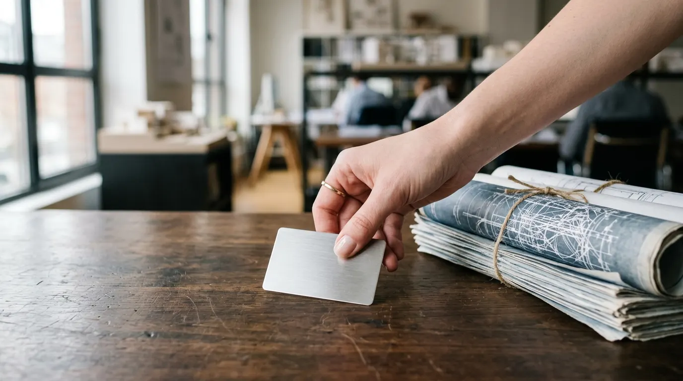 Hand placing a key card next to architectural blueprints.