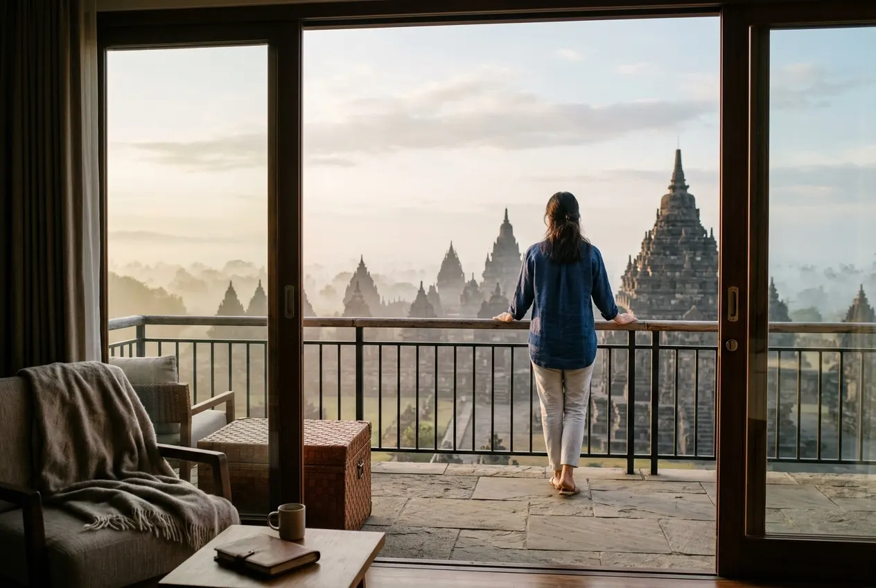 Guest on a hotel balcony overlooking an ancient temple complex.