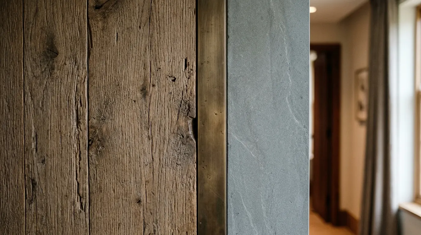 Close-up of a wall combining wood, stone, and a bronze accent.