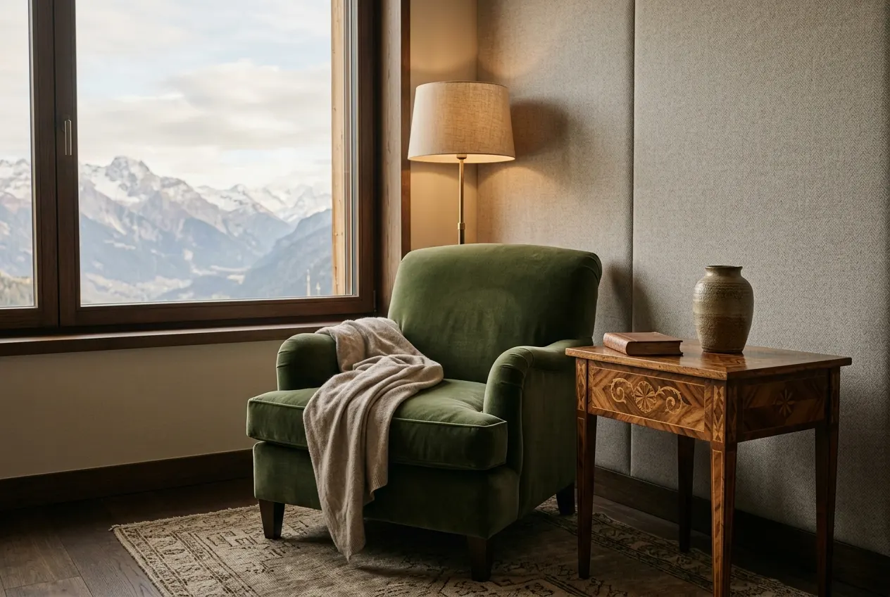 A moss-green velvet armchair and marquetry table in a hotel suite.