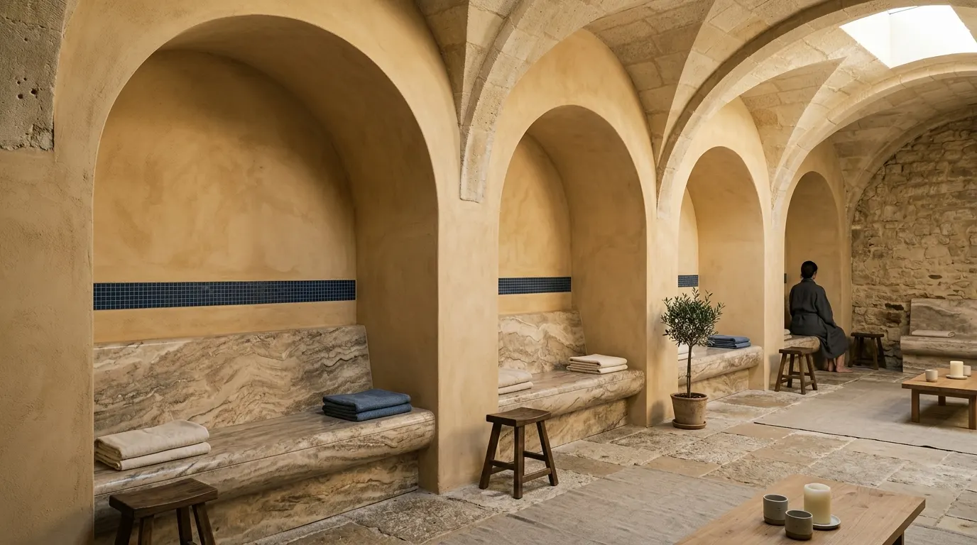 A spa relaxation area with ochre arches and marble benches.