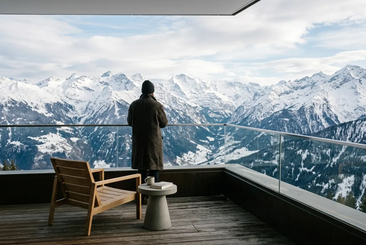 Person on a penthouse balcony overlooking a snow-covered mountain range.