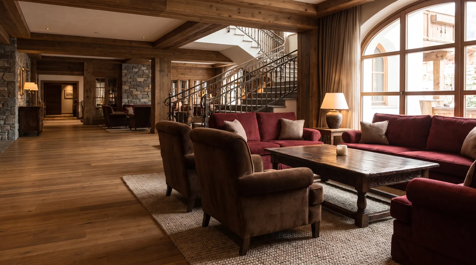 Wide view of a luxury Alpine hotel lobby with velvet seating and a wooden table.
