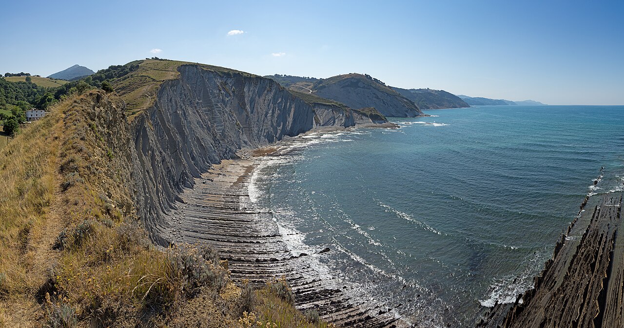 A panoramic view of dramatic layered rock cliffs meeting the ocean under a clear sky.