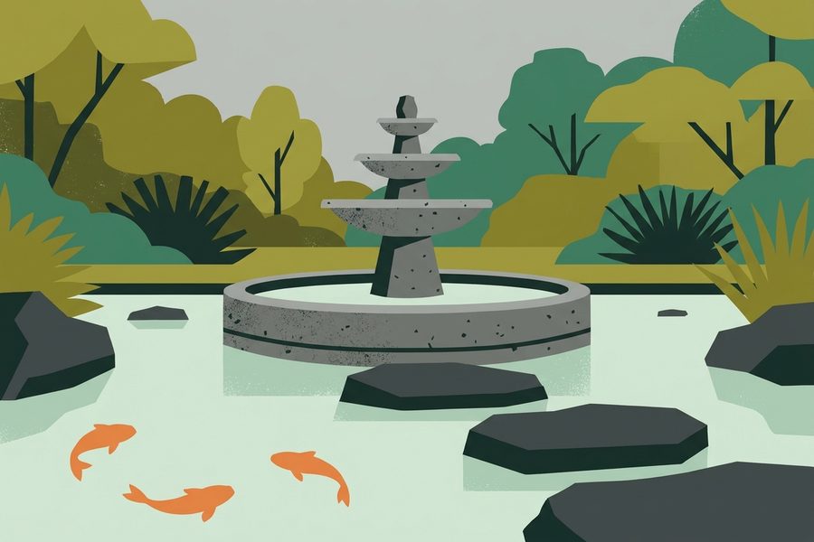 A multi-tiered volcanic stone fountain rises above stepping stones and orange koi in the calm pool of a Balinese water palace.