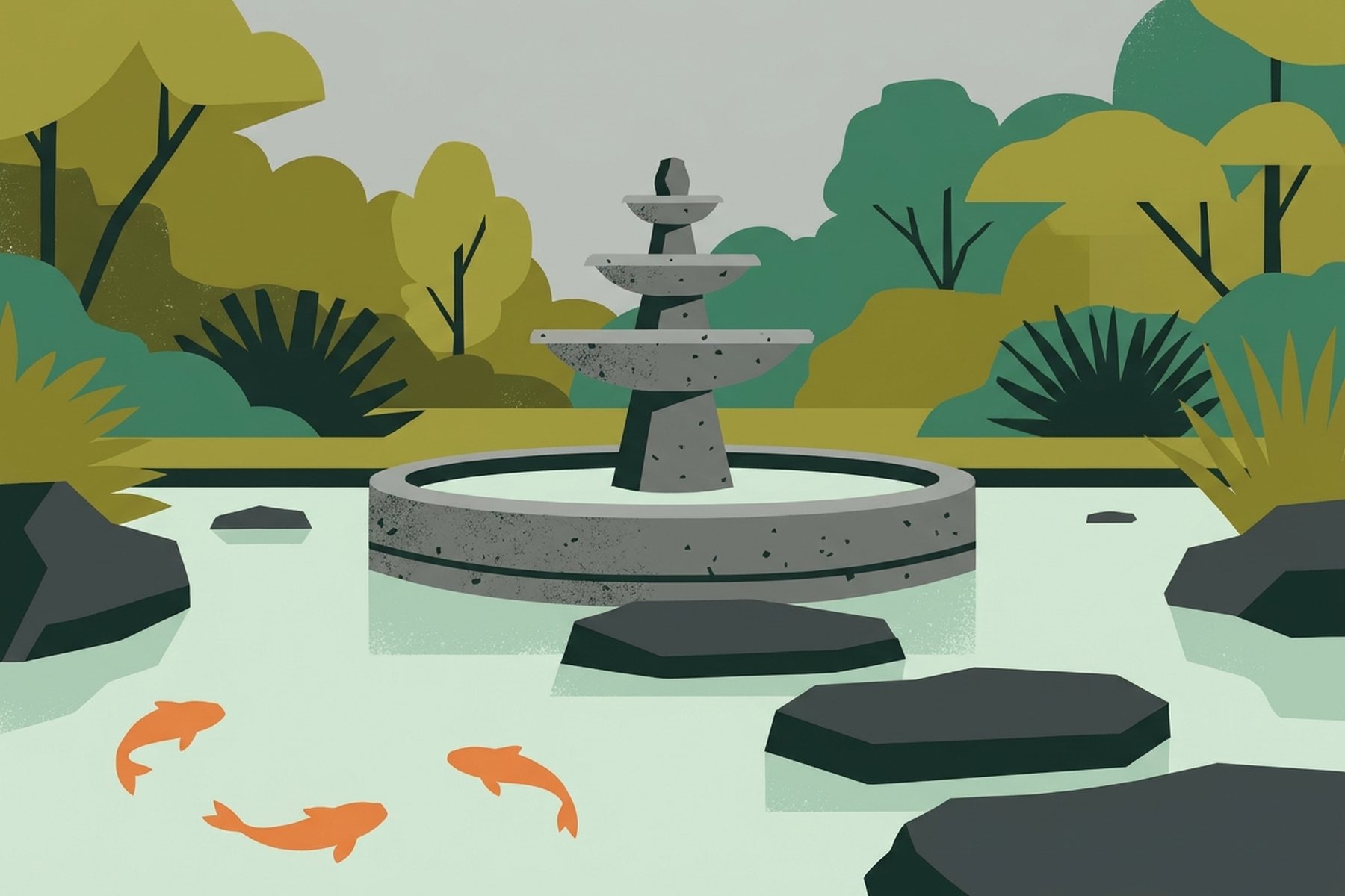 A multi-tiered volcanic stone fountain rises above stepping stones and orange koi in the calm pool of a Balinese water palace.