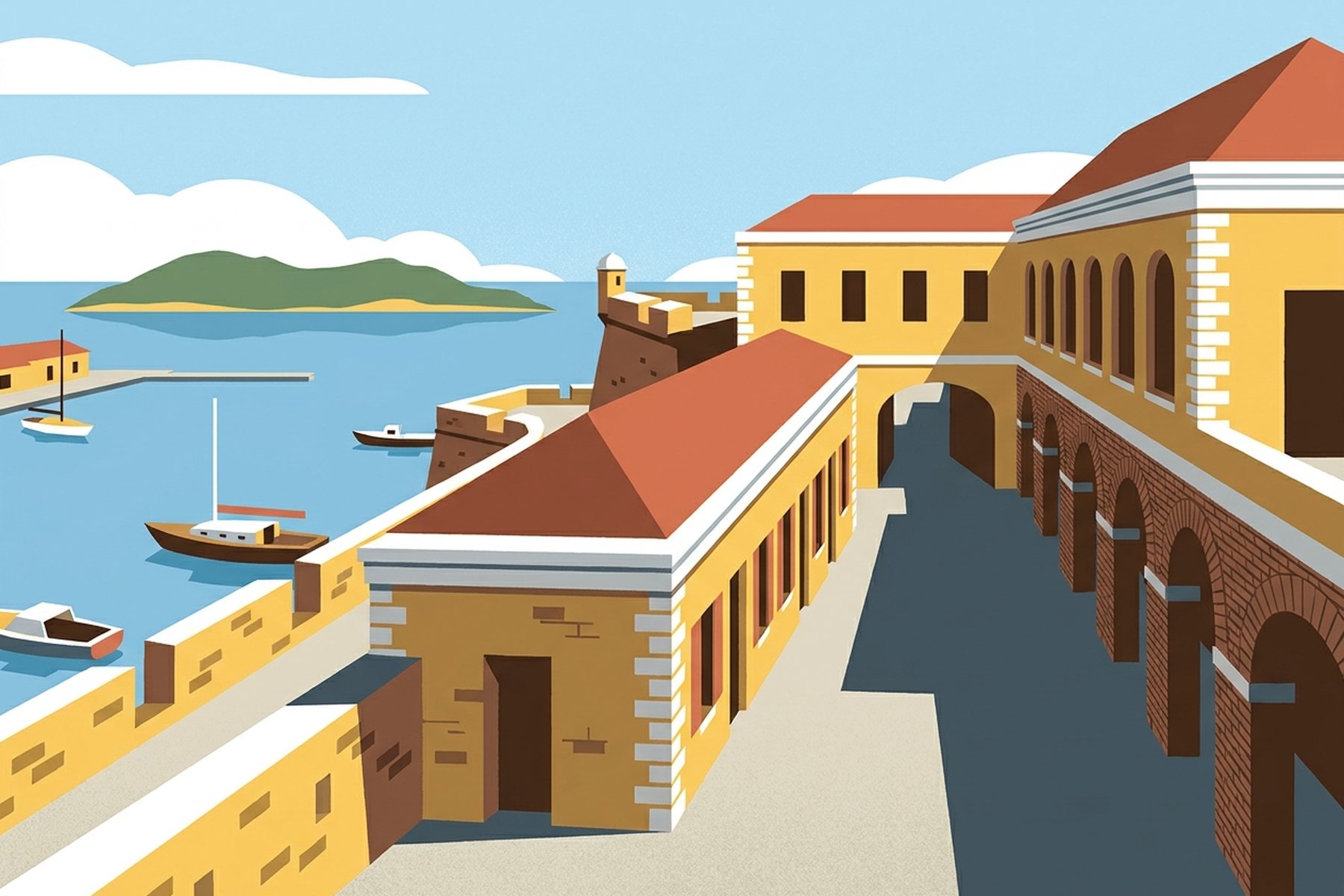 Architectural drawing of the yellow stone walls and ramparts of Fort Christiansvaern overlooking the Christiansted harbour.