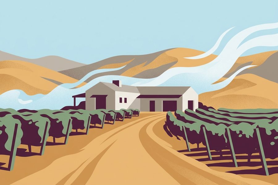 A drawing of a contemporary guesthouse with a flat roof, surrounded by rows of grapevines under a bright, clearing sky.