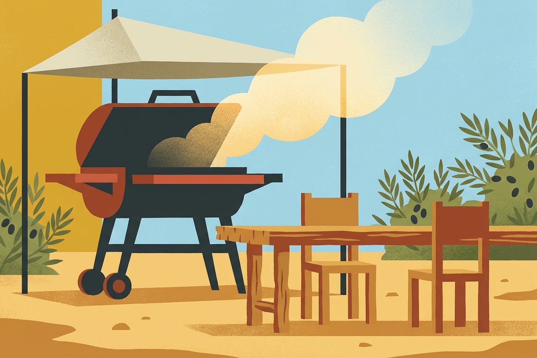 A drawing of an open-air grill restaurant with a large grill and a long wooden table.